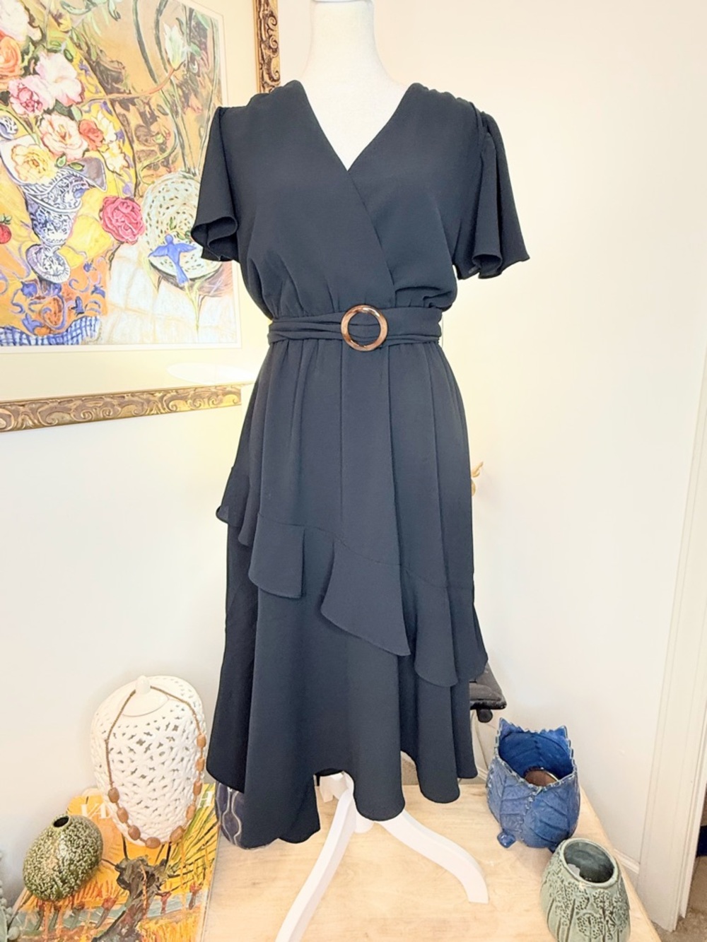 Sofia Vergara Black Wrap Dress XS Ruffle Hem Belted Midi Flutter Sleeve